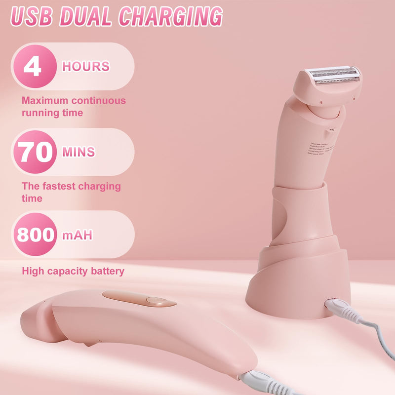 Luxsego 2 in 1 Electric Bikini Trimmer for Women, IPX7 Waterproof Wet & Dry Use Electric Razors for Women Pubic Hair, Painless Bikini Shaver with LED Light & Display, Dual USB Charge Dock, Pink