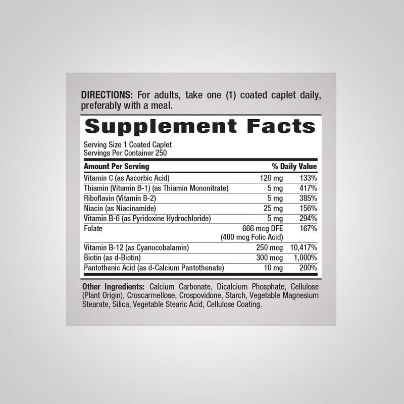 Piping Rock Vitamin B Complex Vitamins | 250 Caplets | with Vitamin C | Vegetarian, Non-GMO, and Gluten Free