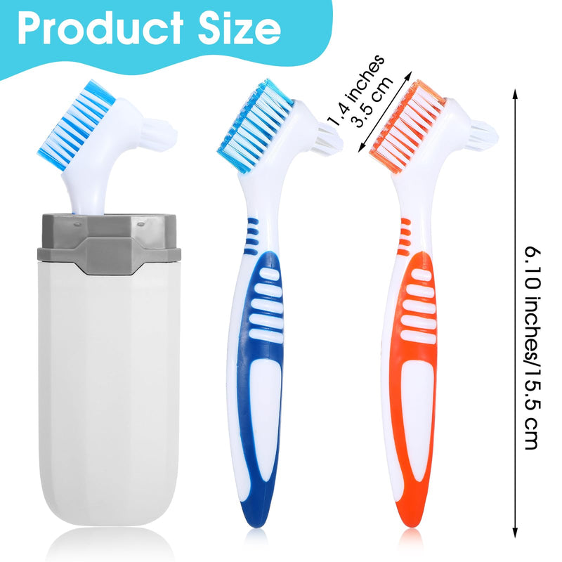 [Australia] - 2Pcs Denture Cleaning Brush Set, Denture Toothbrushes with Multi-Layered Bristles & Ergonomic Rubber Handle, White Carrying Case Orange & Blue 