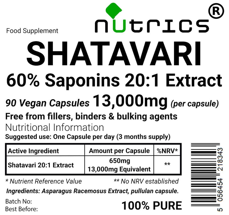13,000mg (per Capsule) 60% Saponins SHATAVARI Root Extract 90 V Capsules (3 Months Supply) Asparagus Racemosus Pure - No fillers Binders or Bulking Agents 90 count (Pack of 1) 90.0