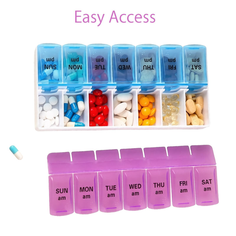 Pill Organizer,14 Compartment Weekly Portable Pill Dispenser Reminder,Travel Daily Pill Case Box Holder, Medication Planner for Vitamin,Medicine,Fish Oil,Supplements(Blue/Purple, Large) Blue/Purple