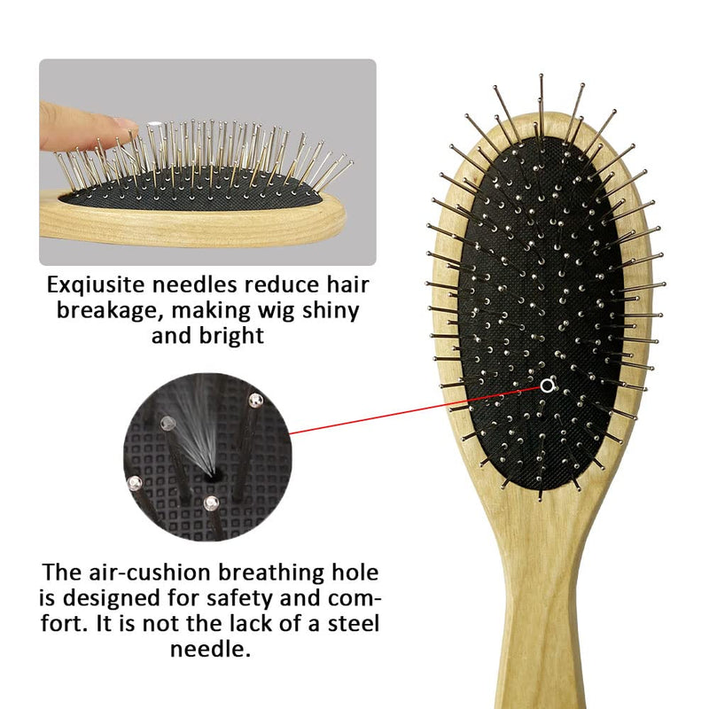 Amirce Wig Brush for Synthetic Hair, Detangling Professional Wood Handle Comb Set, WB-1 Middle