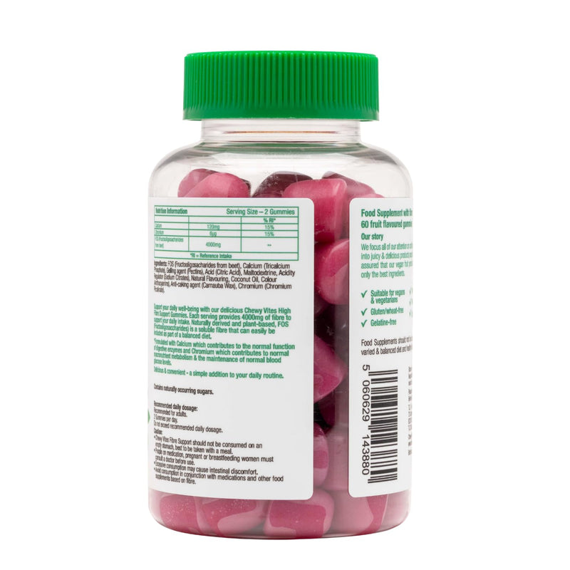 Chewy Vites Adults Fibre Support, 60 High Fibre Gummies with 4000mg, with Calcium & Chromium, 1 Month Supply, Vegan, Strawberry Flavour, for Gut Health and Healthy Digestion