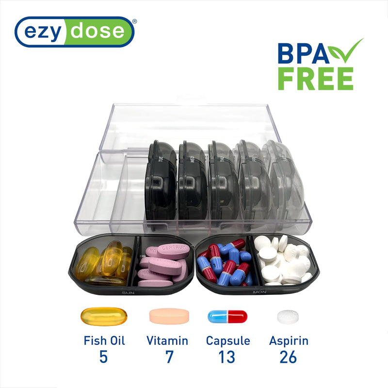 Ezy Dose Weekly (7-Day) AM/PM Pill Organizer, Large Medicine Planner, Black | Daily Individual Vitamin & Supplement Medication Case, 2x a Day Removable Compartments with Case, Travel-Friendly, BPA-Free Black With Clear Case