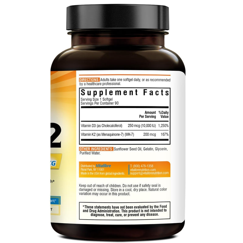 Vitalibre Vitamin D3 K2 Supplement, Vitamin D3 10000 IU & 200 mcg K2 MK7 | Enhanced Calcium Absorption, Bone, Heart, Immune & Mood Support, No Soy, Easy to Swallow, 90 Softgels 90 Count (Pack of 1)