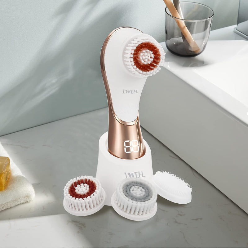 Electric Face Brush Scrubber Rechargeable Facial Exfoliator IPX-7 Waterproof Spin Cleanser Rotating Spa Machine for Exfoliating, Massaging and Deep Cleansing with 4 Brush Heads White & Rose Gold