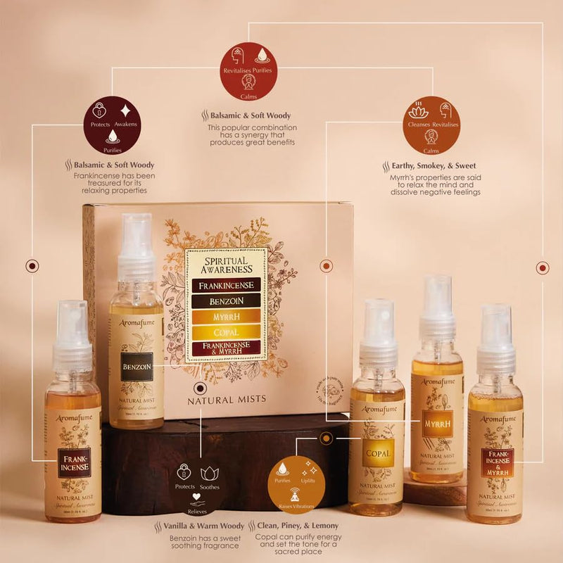 Aromafume Spiritual Awareness Resin Air Freshener Spray Gift Set, 5x50ml | Frankincense, Benzoin, Copal, Frankincense & Myrrh | Made with Pure Extracts | Non-Alcoholic, Non-Toxic & Vegan