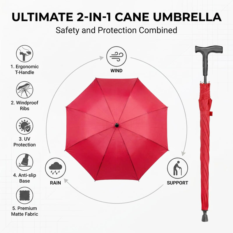 2-in-1 Walking Sticks Umbrella - Windbreak Ribs Walking Cane Umbrella Lightweight, Windproof, Heavy-Duty Frame- Ideal Father's Gift for Climbing, Hiking, Hanging Out on Raining Red