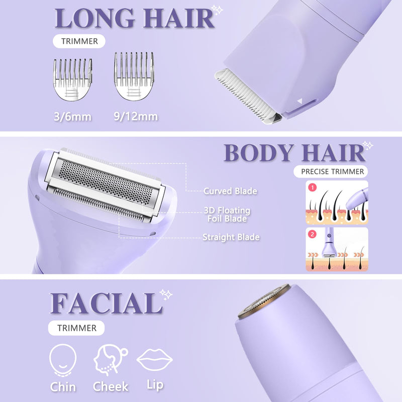 [Australia] - 3-in-1 Bikini Trimmer for Women, IPX7 Waterproof Electric Shaver for Women-Rechargeable Electric Razors for Pubic, Facial & Body Hair Trimmer with LED Display, Travel Kit & Painless Blades (Purple) Purple 