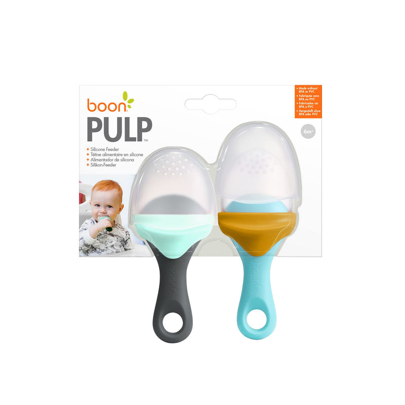 Boon Pulp Silicone Baby Fruit Feeder - Soft Silicone Baby Feeding Set - Fruit and Vegetable Baby Led Weaning Supplies - Baby Feeding Essentials - Blue/Mustard and Gray/Mint - 2 Count 2 Pulp Feeders Blue/Gray