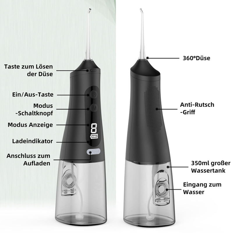 [Australia] - Powerful Oral Irrigator 9 Modes & 4 Nozzles Wireless Oral Irrigator IPX7 Waterproof Water Flosser 350ML Removable Water Tank for Home & Travel Black 