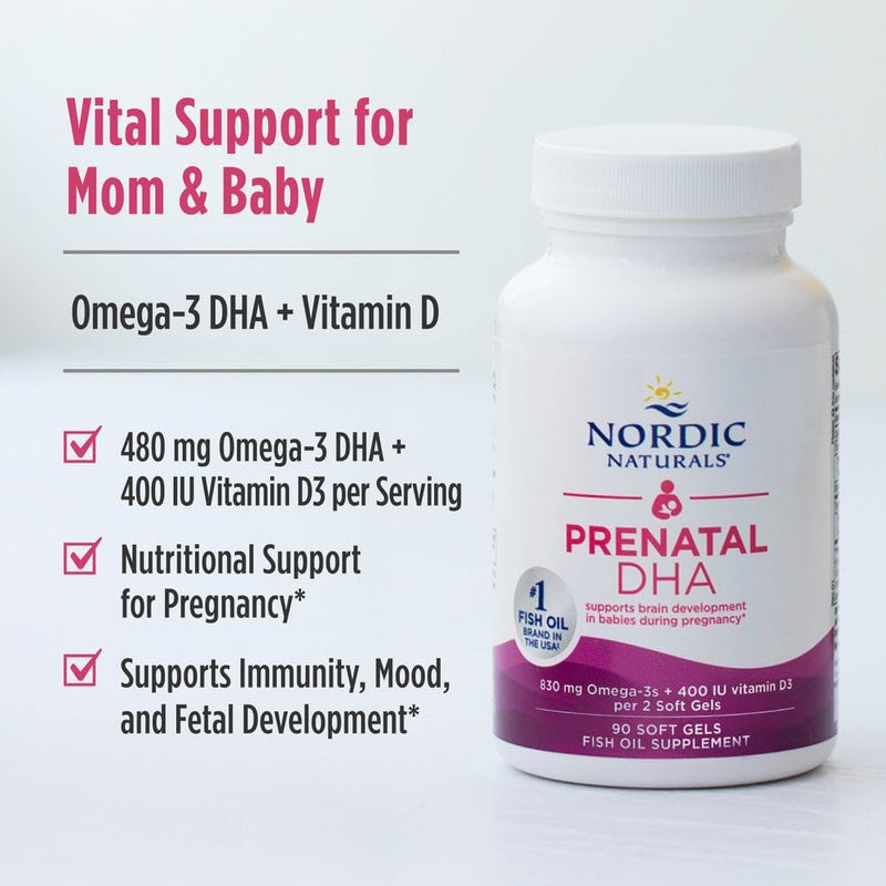 Nordic Naturals Prenatal DHA, Omega-3 + Vitamin D3, Unflavored - 90 Count | 830 mg omega-3 plus 400 IU vitamin D3 per serving supports brain development during pregnancy and lactation. Non-GMO formula 90 Count (Pack of 1)