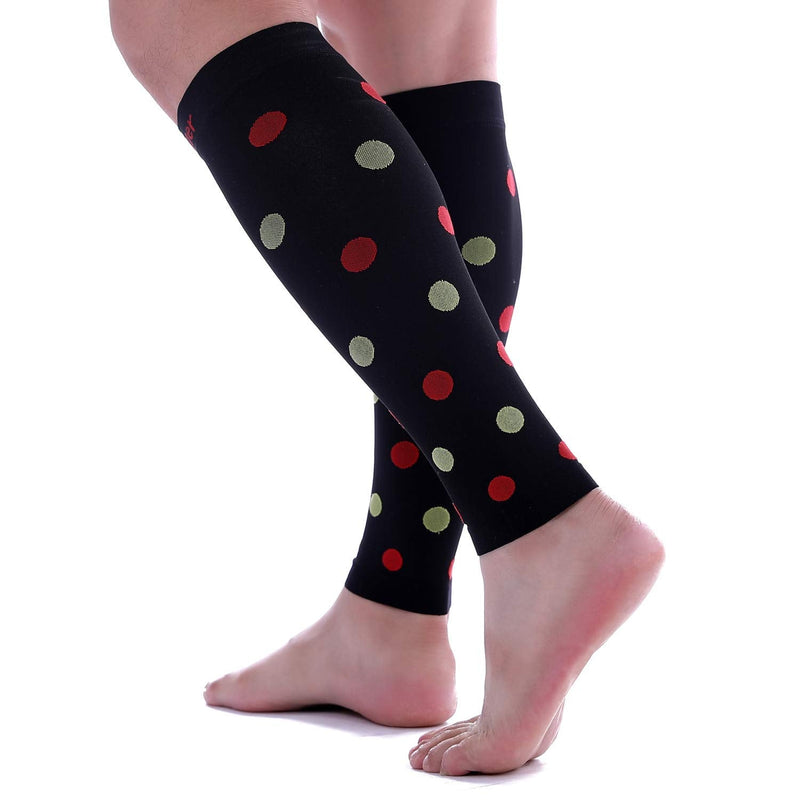 [Australia] - Doc Miller Calf Compression Sleeve – Footless Socks for Women & Men, 20-30mmHg, Shin Splint & Leg Cramp Support, Varicose Veins, Knee High, 1 Pair, Polka Dot Black/RedGreen XX-Large 