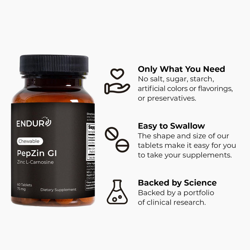 ENDUR Pep-Zin GI Zinc Carnosine Chewable, PepZinGI®, 60 Tablets | PepZinGI® patented, Stomach lining support, 59mg L-carnosine, 16mg zinc, Gastric comfort, cGMP & UL-Certified 60 Count (Pack of 1)