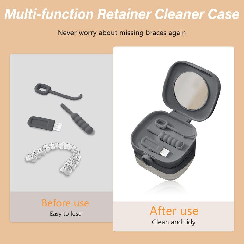 [Australia] - Retainer Case,Denture Case Retainer Cleaning Case, No-Leak Denture Bath Box Cup, Complete Clean Care for Dentures, Mouth Guard, Night Guard & Retainers with Mirror,Hook,Bite adhesive and Brush(Grey) Grey 