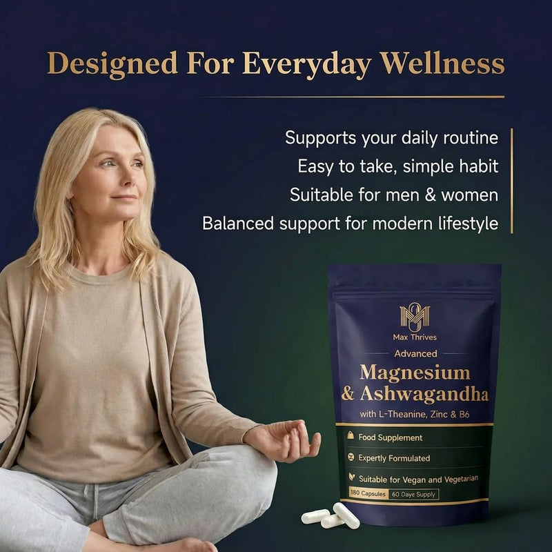 Magnesium Glycinate 5 in 1 Complex - Magnesium Supplement with Ashwagandha, L-Theanine, Zinc & Vitamin B6 – 180 Vegan Capsules – High Strength Magnesium Complex - Muscle Function & Nervous System