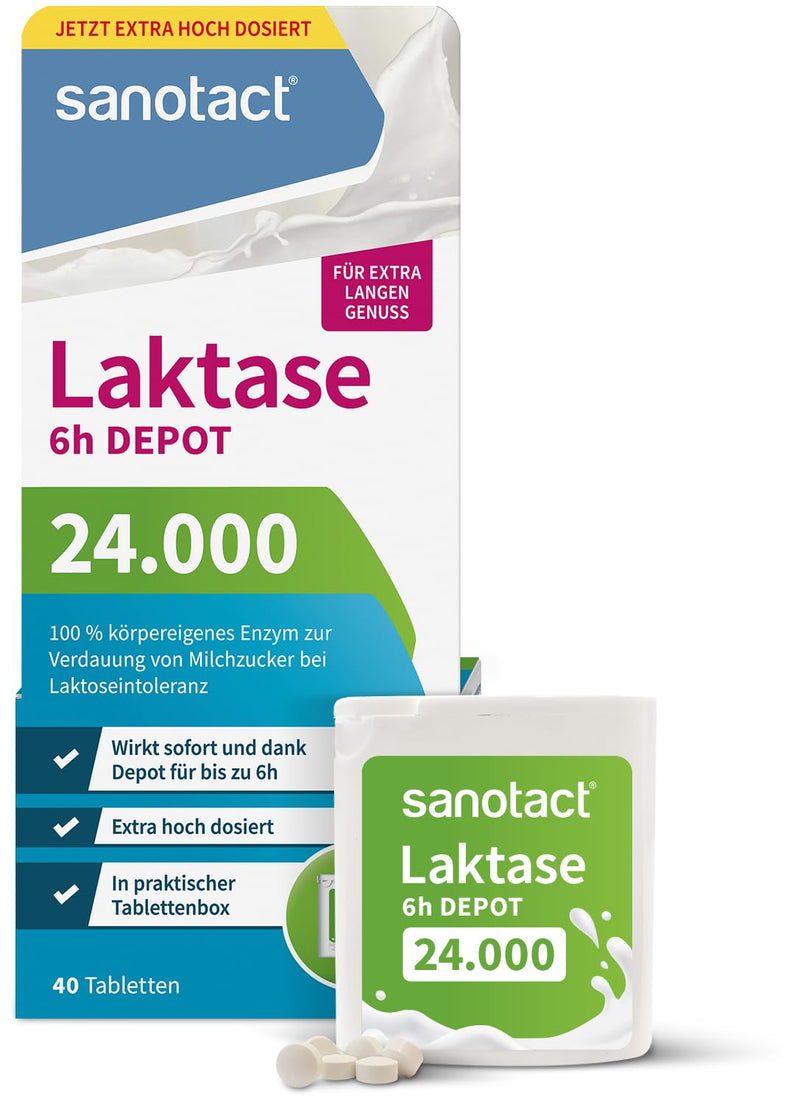 [Australia] - sanotact lactase 24,000 6h DEPOT (40 lactase tablets) • Lactose tablets with depot effect • For lactose intolerance & milk intolerance • Immediate effect & 6h long-term depot 24,000 depot 40 tablets 