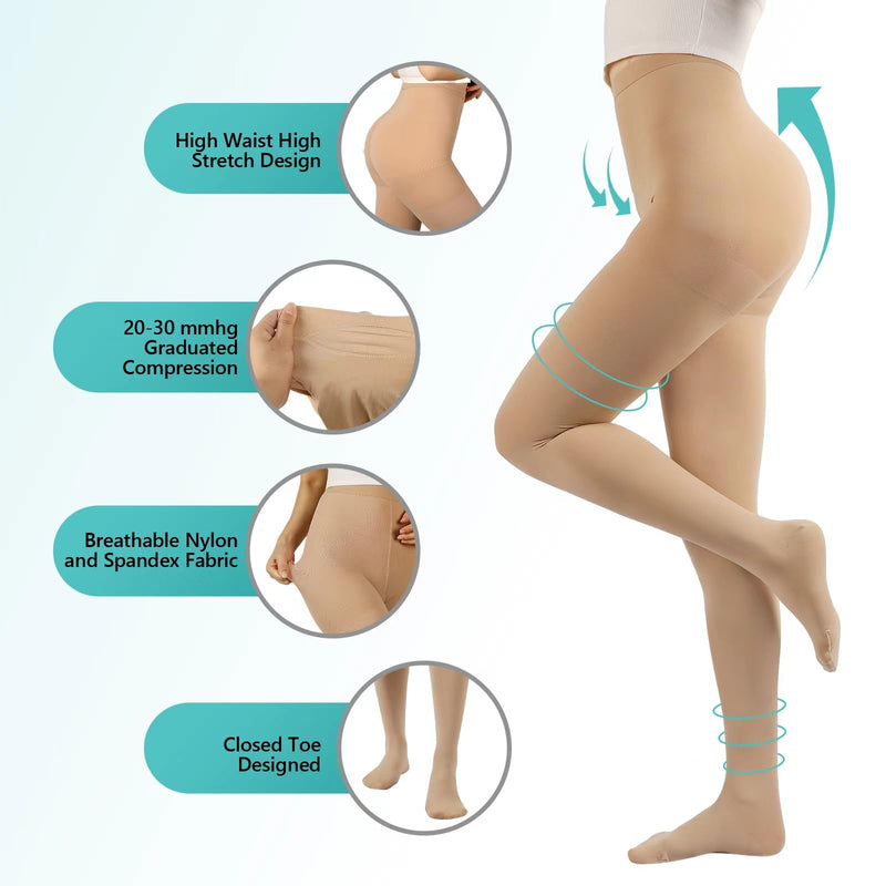 [Australia] - Compression Pantyhose for Women, 20-30mmHg Graduated Compression Stockings & Leggings, Closed Toe Support Hose Tights Large Beige 