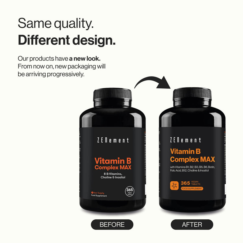 Vitamin B Complex MAX, with Vitamins B1, B2, B3, B5, B6, Biotin, Folic Acid, B12, Choline & Inositol, 365 Vegan Tablets | Helps Reduce Fatigue & Immune System | Zenement