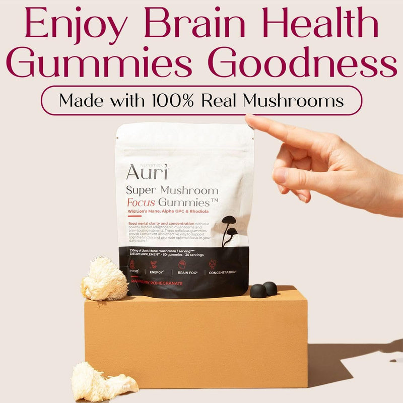 [Australia] - Auri Super Mushroom Focus Gummies - w/Lion's Mane, Alpha GPC & Rhodiola - Mushrooom Supplement to Support Cognitive Function, Mental Clarity, Focus & Energy | 60 Gummies, Vegan Friendly, Non GMOs 