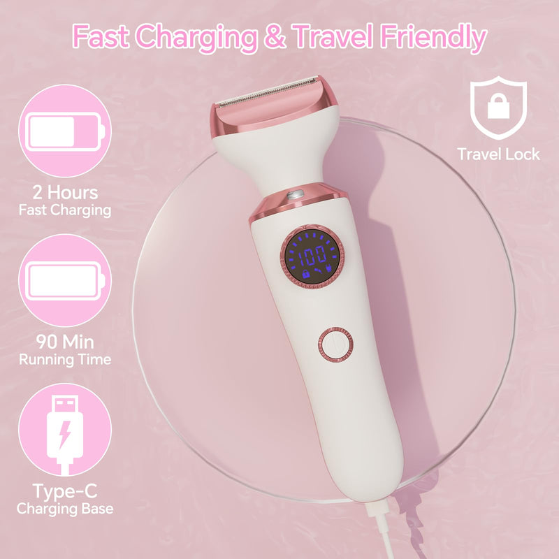 [Australia] - Electric Razor for Women, 4-in-1 Bikini Trimmer & Body Shaver for Face, Legs, Underarms, Pubic Hair, Rechargeable Wet/Dry Painless Hair Removal with LED Light & Travel Lock 