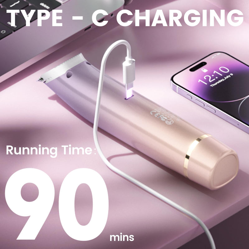 [Australia] - Bikini Trimmer for Women, 2-in-1 Electric Razor with Dual Heads, Ceramic Blade, Waterproof & Rechargeable, Painless Pubic Hair Shaver for Bikini, Underarm, Legs, Face — PinkPurple 