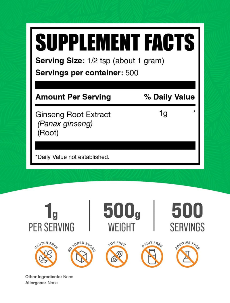 [Australia] - BulkSupplements.com Ginseng Root Extract Powder - Panax Ginseng Supplement, Herbal Supplement - Vegan & Gluten Free, 1g per Serving, 500g (1.1 lbs) (Pack of 1) 1.1 Pound (Pack of 1) 