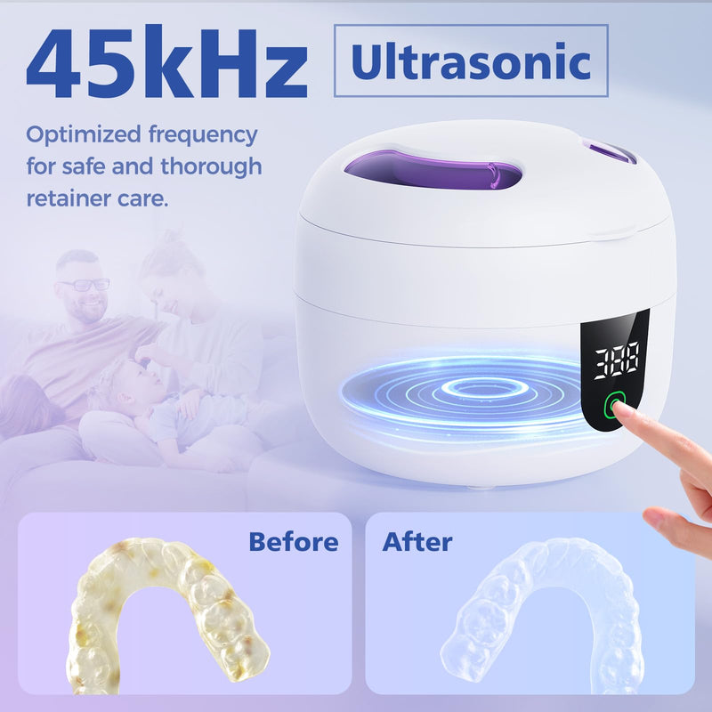 [Australia] - New Ultrasonic Retainer Cleaner Machine with Removable Inner Tank for Aligners, Mouth Guards, Jewelry ‚Äì 180ml Capacity, 45kHz Ultrasonic Cleaner, 3 Modes, Digital Timer, Smart Pause & Quiet to 30dB White 