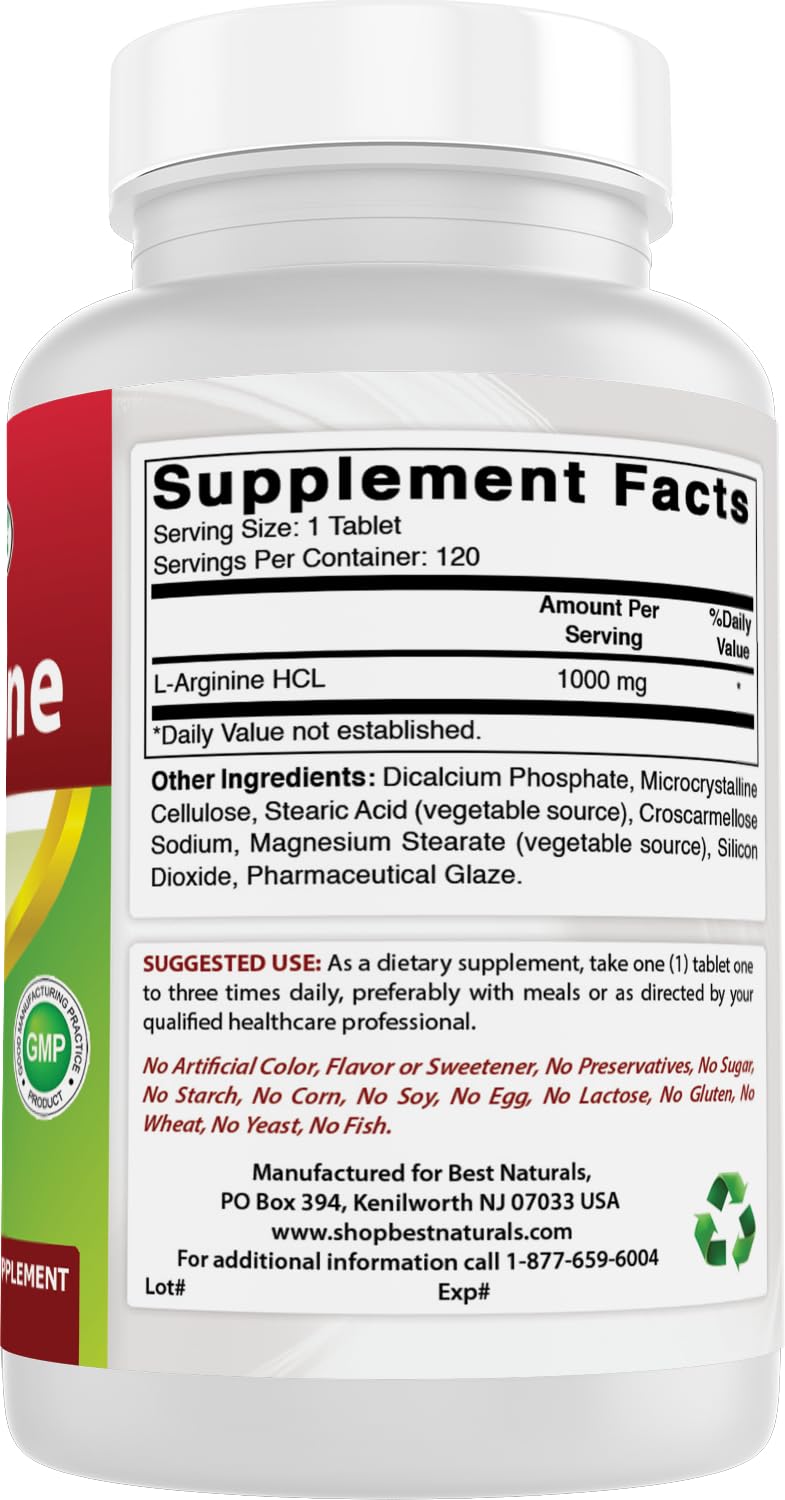 3 Pack - Best Naturals L-Arginine 1000 mg 120 Tablets - Pharmaceutical Grade L Arginine Supplement Promotes Nitric Oxide Synthesis (Total 360 Tablets)