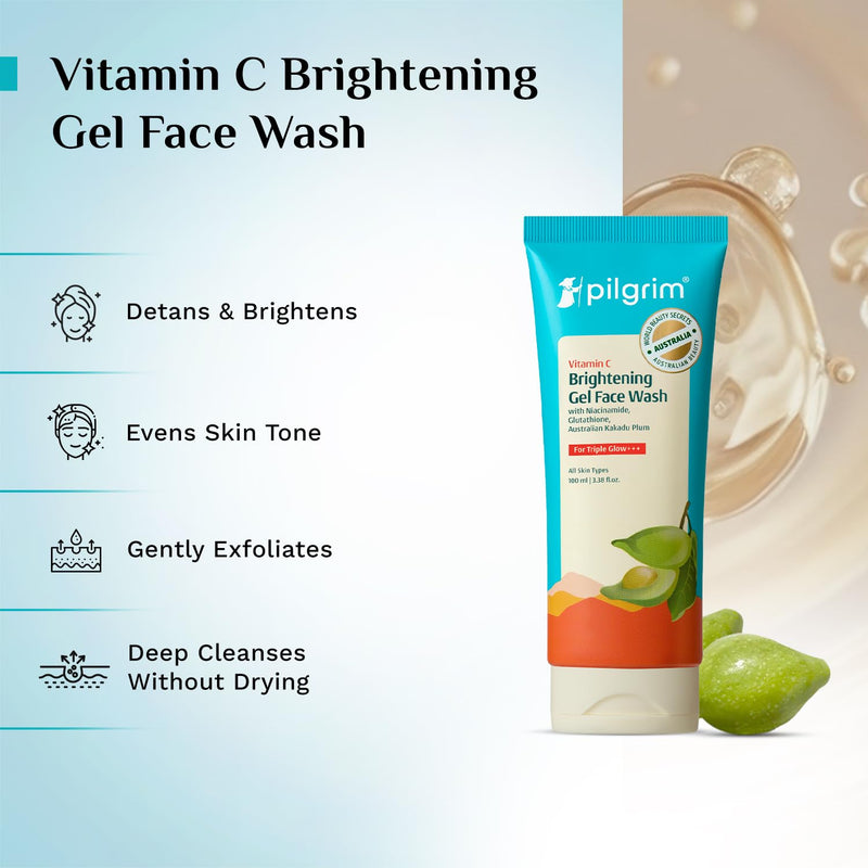 Pilgrim Vitamin C Gel Face Wash | Gentle Daily Cleanser with Kakadu Plum & Lime Pearl | Exfoliates, Unclogs Pores & Removes Impurities | Controls Oil & Reduces Blemishes | 3.38 Fl Oz (100ml)