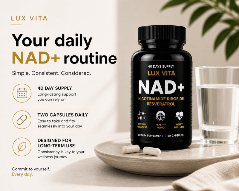 LuxVita NAD+ Supplement | 500mg Nicotinamide Riboside (NR) with Quercetin Phytosome & Trans-Resveratrol | NAD Supplements UK | Cellular Energy, DNA Repair & Healthy Ageing | 80 Vegan Capsules