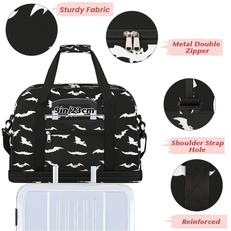 Halloween Goth Bat Travel Duffle Bags With Shoes Compartment for Women Men Weekender Overnight Bag Foldable Sports Tote Gym Carry On Luggage Handlebag for Travel Yoga Hospital Workout A:01 goth bat
