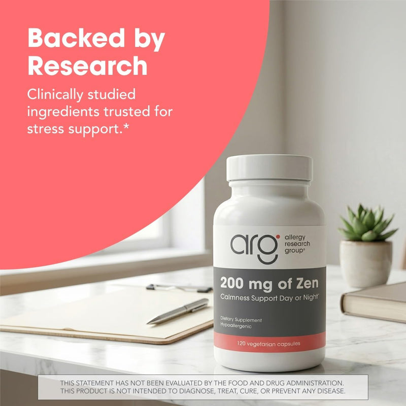 Allergy Research Group ARG 200 mg of Zen L-Theanine and GABA, 120 Capsules | 200 mg L-Theanine and 550 mg GABA for Calm and Stress Balance, Vegetarian and Hypoallergenic 120 Count (Pack of 1)