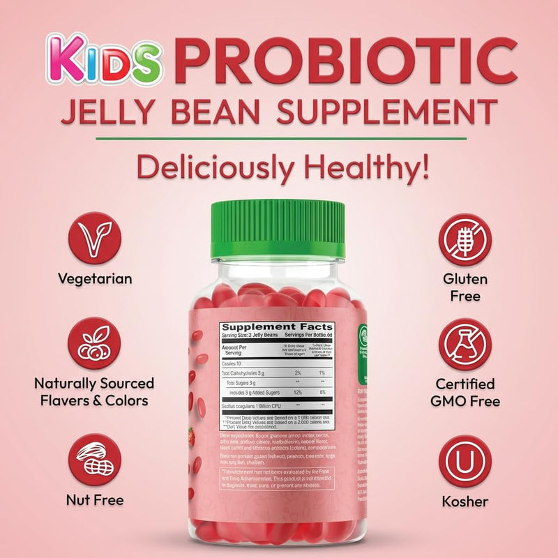 Human Beanz Probiotic Jelly Bean Gummies, Kids, 120 Strawberry Blast | Digestive Health, Nutritional Vegetarian Supplement, Kosher, Strawberry Blast Jelly Beans, Simple Daily Use, Great Value 1 Count (Pack of 120)
