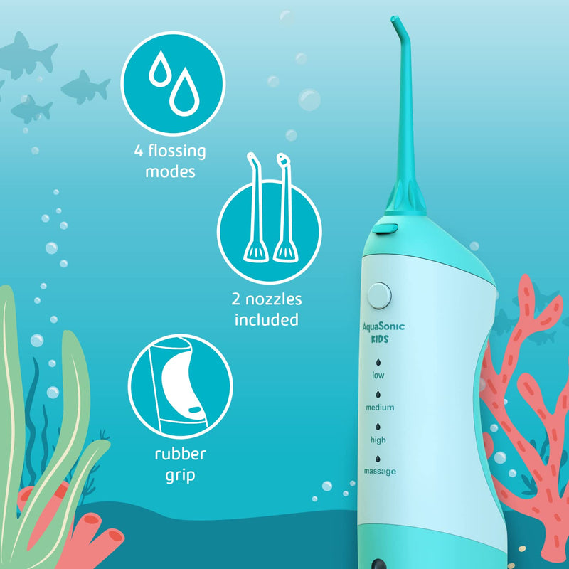 [Australia] - AquaSonic Kids' Water Flosser for Ages 6+ | Standard Nozzle, Orthodontic Nozzle & Waterproof Stickers | 4 Flossing Modes | Aquarium Adventures Theme (Blue) Blue 