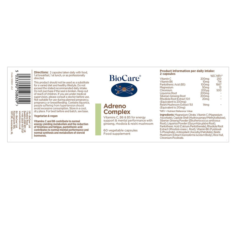 BioCare Adreno Complex - Vitamins C, B6 & B5 for Energy Support, Mental Performance & Reduction of Fatigue - with Ginseng, Rhodiola & Reishi Mushroom - 60 Capsules 60 count (Pack of 1)