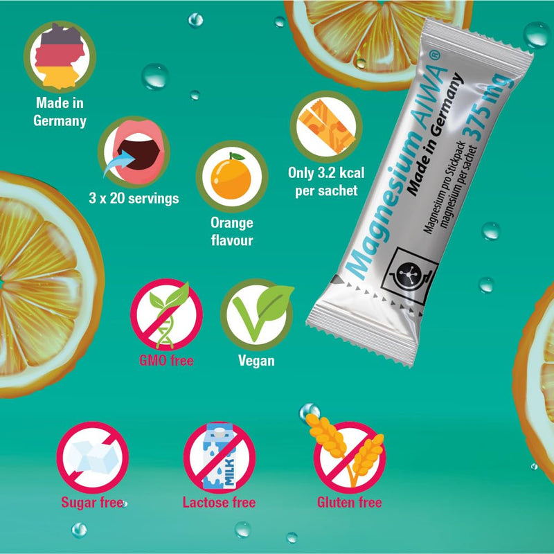T&D Magnesium Stick Pack 375 mg, No Water, 60 Servings, Easy to Use Powder Sachets, Orange Flavour with Direct Micro-Pellets, Supports Muscle Function and Energy 2 g (Pack of 60)