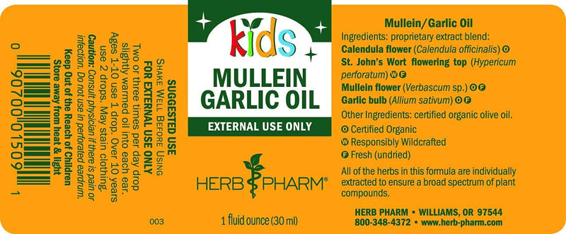 [Australia] - Herb Pharm Kids Mullein and Garlic Oil, 1 Fl Oz, Calendula, Garlic, Mullein, St. John's Wort, Olive Oil 