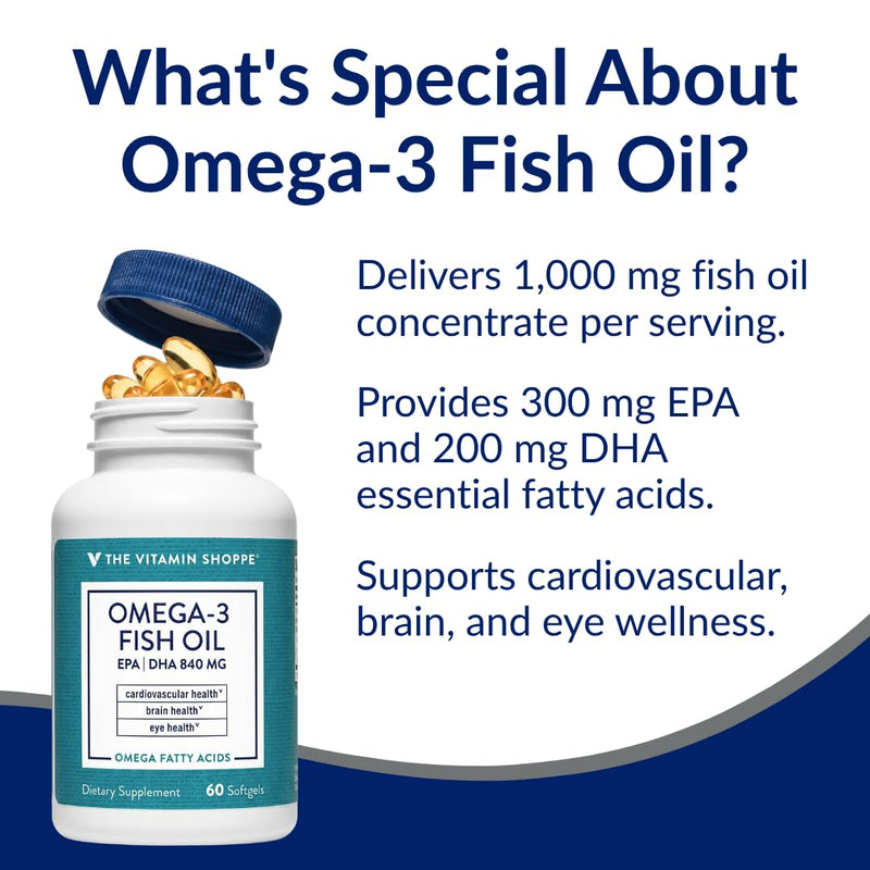 The Vitamin Shoppe Brand Omega 3 Fish Oil 1100 MG, Unflavored, 60 Softgels | EPA & DHA Softgels, Fish Oil Supplement for Men and Women, Gluten Free, Dairy Free, 60 Softgels 60 Count (Pack of 1)