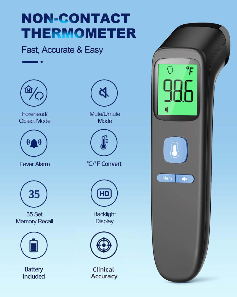[Australia] - ANMEATE No-Touch Forehead Thermometer for Adults, Infrared Digital Thermometer for Kids, Touchless Baby Thermometer, Accurate Reading with Large Display, Mute Mode, Memory Recall, Fever Alarm Black 