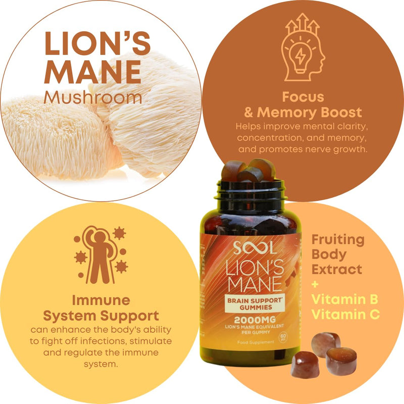 SOOL Lion's Mane Mushroom Gummies, 2000mg, 60pcs