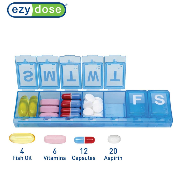 EZY DOSE Weekly (7-Day) Daily Pill Container, Medicine Planner, Vitamin Organizer, Large Locking Compartments Secure Prescription Medication and Prevent Accidental Spilling, Color May Vary, BPA Free Large 6" x 1.375" x 1"