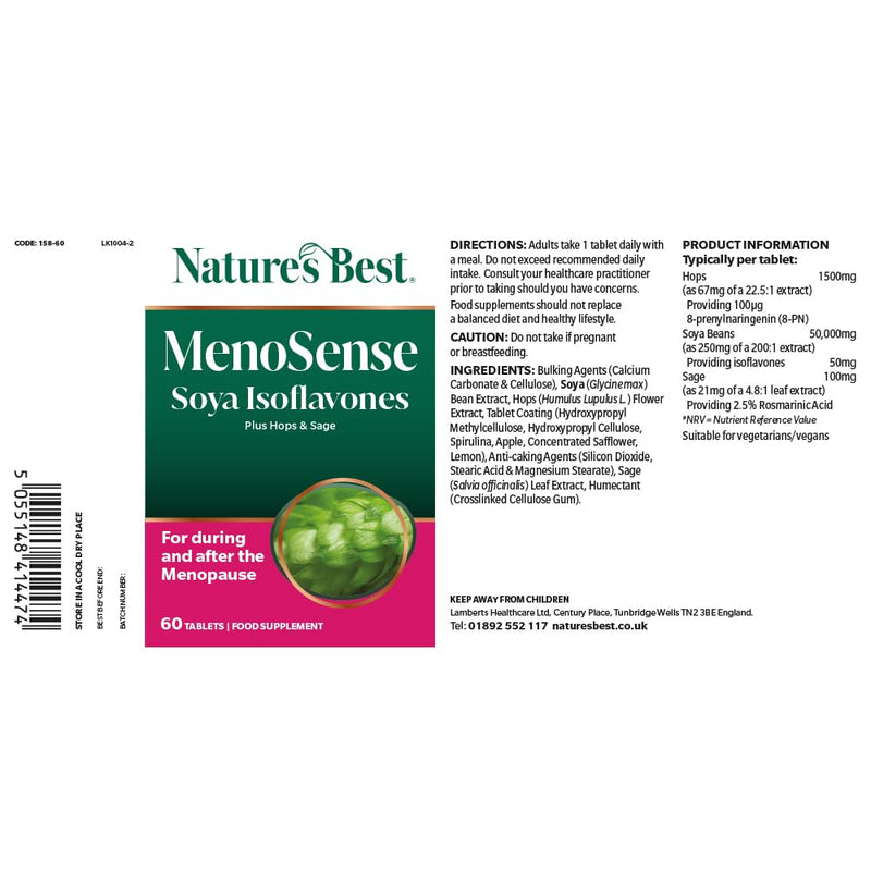 Nature’s Best Menosense -Women's Health Supplement with Hops, SOYA Isoflavones & Sage - Cognitive Function & Botanical Blend - 60 Vegan Tablets (2 Month Supply)