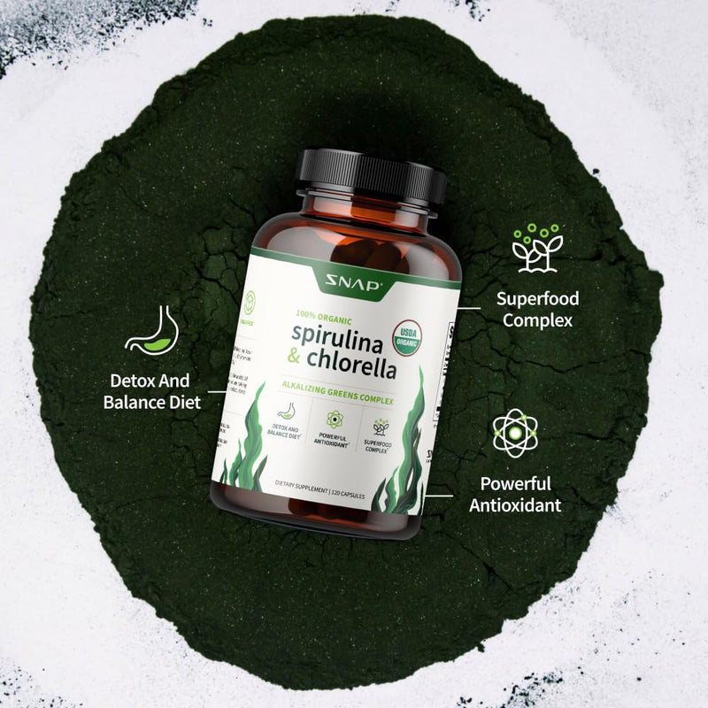 [Australia] - Snap Supplements USDA Organic Spirulina Chlorella Capsules - Green Superfoods for Natural Energy and Metabolic Health, 120 Capsules 