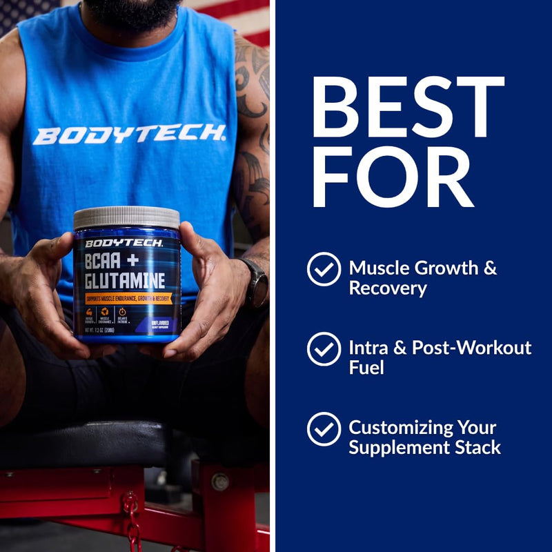 BodyTech BCAA + Glutamine Powder, Unflavored, 7.3 Oz, 30 Servings | Vitamin C, L Glutamine & More, Essential Pre Workout or Post Workout Amino Acids for Men & Women 7.3 Ounce (Pack of 1)