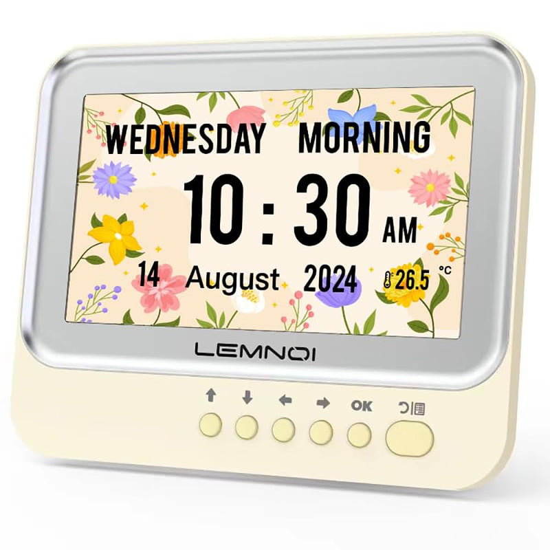 [Australia] - Lemnoi 7 inch digital calendar, senior watch, dementia watch with date and day of the week, 15 alarms and medication reminder, digital alarm clock, dimmable for seniors and dementia sufferers, Alzheimer's disease (white). 