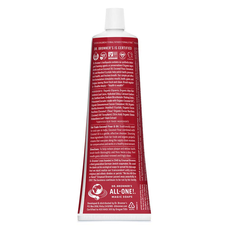 [Australia] - Dr. Bronner’s All-One Toothpaste– Cinnamon, 5 oz, 3-Pack– Fluoride-Free Toothpaste for Adults, SLS-Free, 70% Organic & Natural Ingredients, Vegan, Helps Freshen Breath, Reduce Plaque, Whiten Teeth 5 Ounce (Pack of 3) 