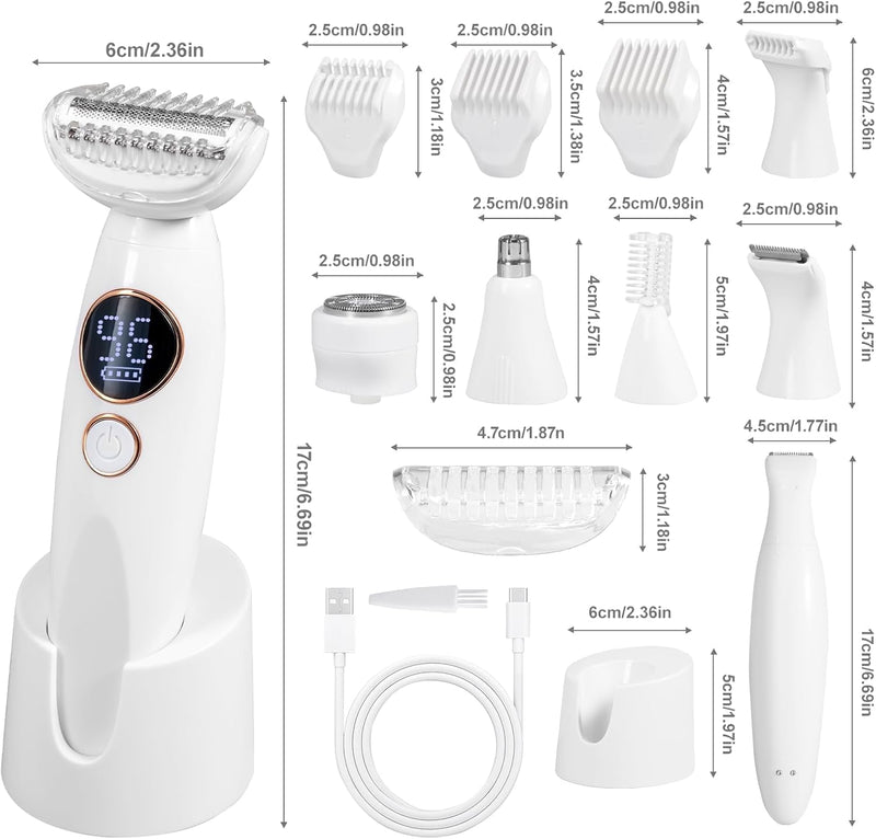 Bikini Trimmer for Women, Electric Razors for Silk Skin 5-in-1, IPX7 Waterproof, USB Rechargeable, Electric Razors for Women for Face, Eyebrows, Body, Bikini Zone with Charging Station