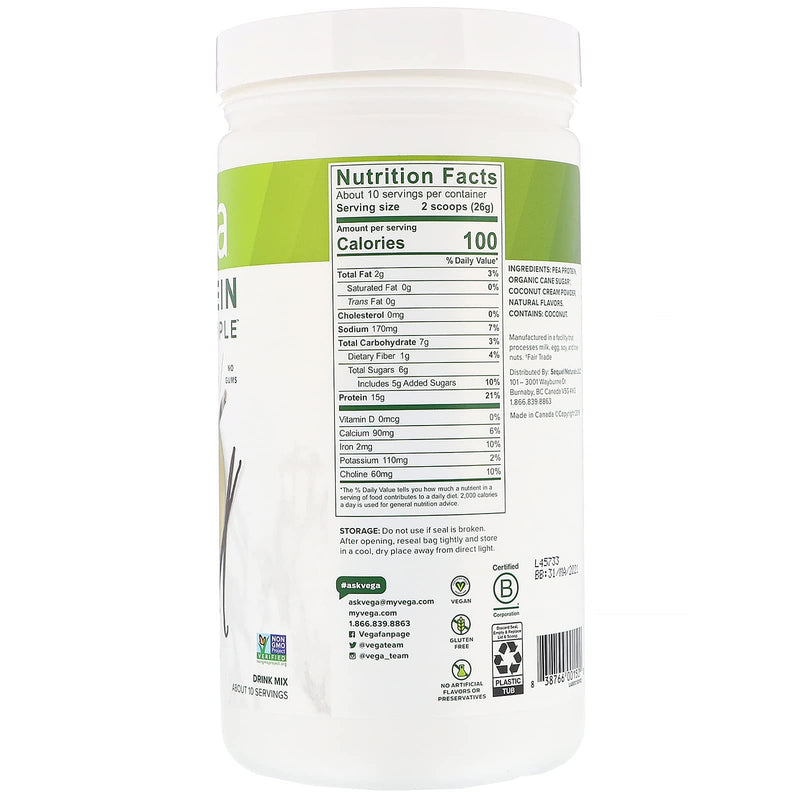 [Australia] - Vega Protein Made Simple Protein Powder, Vanilla - Stevia Free, Vegan, Plant Based, Healthy, Gluten Free, Pea Protein for Women and Men, 9.2 oz (Packaging May Vary) 10 Servings (Pack of 1) 