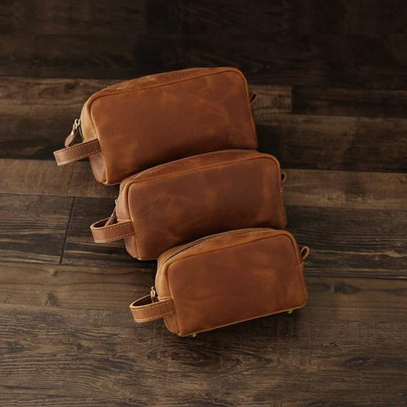 Toiletry Bag for Men or Women, Full Grain Leather Handcrafted Dopp Kit, Vintage Travel Leather Toiletry Travel Pouch, Large Cosmetic Bathroom Travel Shaving Bag, Fully Lined with Cotton Fabric Medium Brown